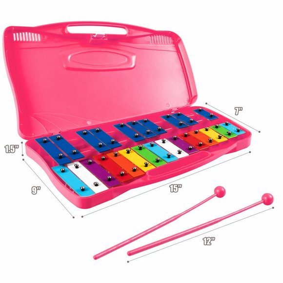 25 Notes Kids Glockenspiel Chromatic Metal Xylophone w/ Pink Case and 2 Mallets
